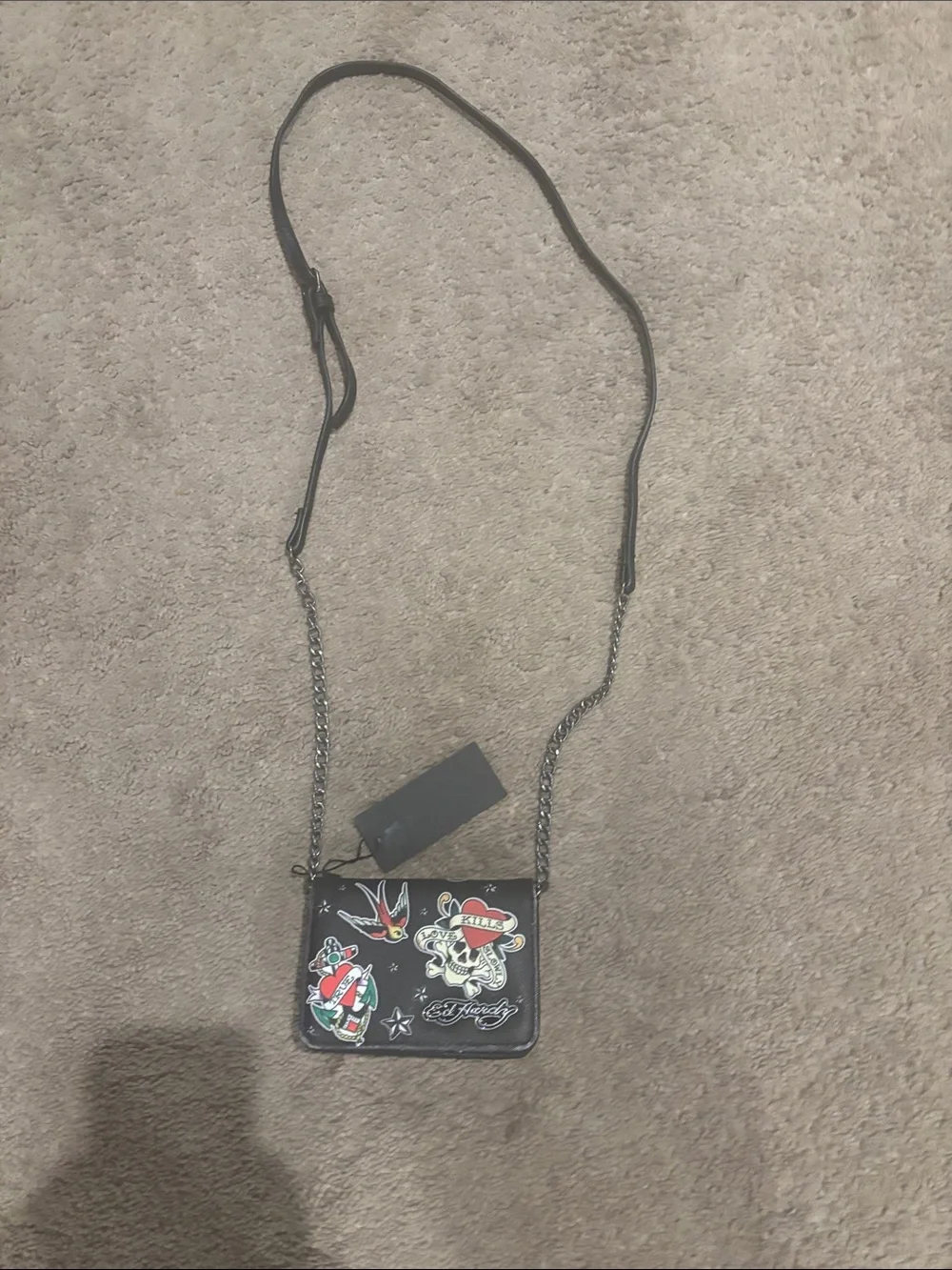 Black Crossbody Bag with Colorful Patch Art